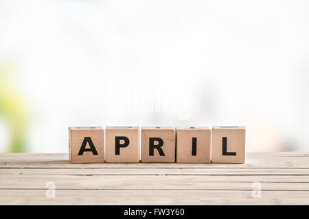 April-Schild mit hölzernen Würfel im Frühjahr Stockfoto