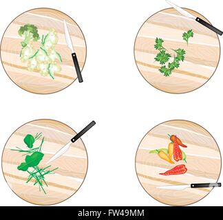 Gemüse und Kräuter, Illustration Pfeffer, Kaffir-Limettenblätter, Weißer Blumenkohl und Koriander auf hölzernen Schneidebretter. Stock Vektor