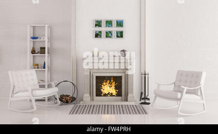 Innere des weißen Wohnzimmer mit Kamin und zwei Schaukelstühle 3d render Stockfoto