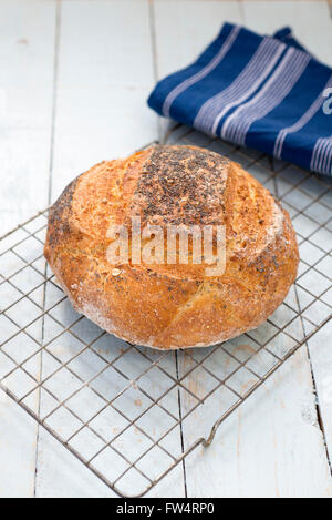 Brot frisch gebackene Thekenverkauf hausgemachte Struan, auf einem rustikalen Tisch blau. Stockfoto