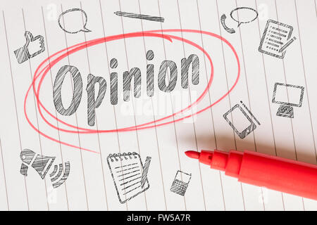Stellungnahme zur Notizpapier mit Skizzen und eine rote Markierung Stockfoto