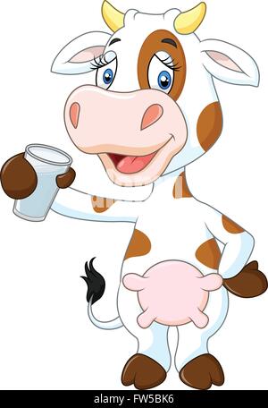 Glücklichen Kuh Tier mit einem Glas Milch isoliert auf weißem Hintergrund Stock Vektor
