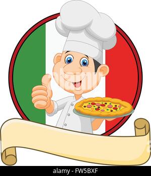 Cartoon-Chef hält eine Pizza und ein Daumen aufgeben Stock Vektor
