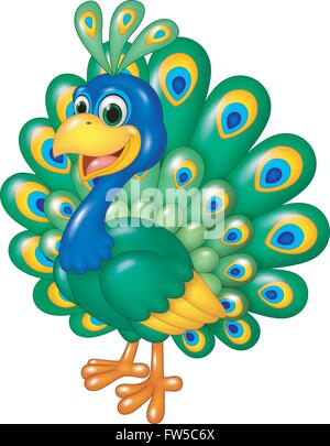 Karikatur lustige Pfau isoliert auf weißem Hintergrund Stock Vektor