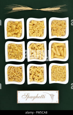 Italienische getrocknete Lebensmittel Pasta Auswahl mit alten hölzernen Schild über geriffelten grünen Hintergrund. Stockfoto