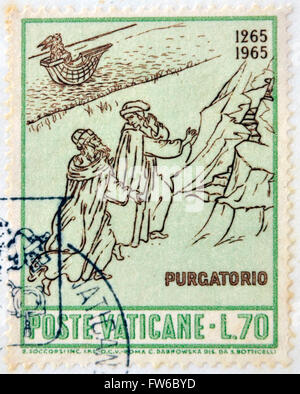 Vatikan - ca. 1965: Eine Briefmarke gedruckt im Vatikan gewidmet Jahrestag der Geburt von Dante, zeigt Dante und Vergil am Eingang Stockfoto