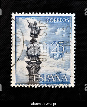 Spanien - ca. 1965: eine Briefmarke gedruckt in Spanien zeigt Kolumbus-Denkmal, Barcelona, Christopher Columbus, Cristobal Colon Stockfoto