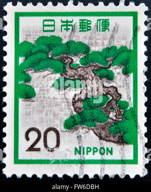 JAPAN - CIRCA 1970: Eine Briefmarke gedruckt in Japan zeigt Bonsai-Baum, ca. 1970 Stockfoto