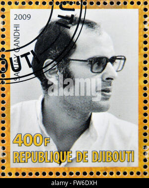 DJIBOUTY - CIRCA 2009: Eine Briefmarke gedruckt in Djibouty zeigt Sanjay Gandhi, ca. 2009 Stockfoto