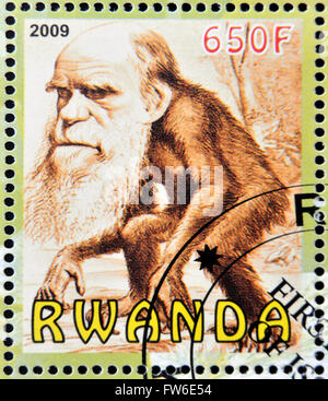 Ruanda - CIRCA 2009: Briefmarke gedruckt in Ruanda, Charles Darwin, circa 2009 gewidmet Stockfoto