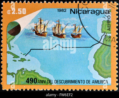 NICARAGUA - CIRCA 1982: Eine Briefmarke gedruckt in Nicaragua widmet sich der Entdeckung Amerikas durch Christopher Columbus, ca. 1982 Stockfoto