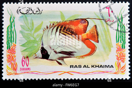 RAS AL-KHAIMAH - CIRCA 2006: Eine Briefmarke gedruckt in Ras al-Khaimah zeigt einen Fisch, Chaetodontidae Auriga Threadfin Butterflyfish, ca. 20 Stockfoto