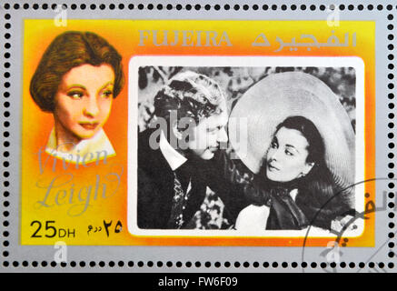 FUJEIRA - ca. 1972: Briefmarke gedruckt in Fujeira zeigt Schauspielerin Vivien Leigh, ca. 1972 Stockfoto