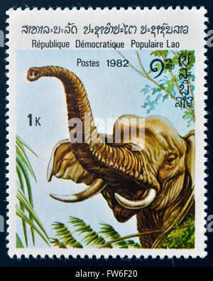 LAOS - CIRCA 1982: Eine Briefmarke gedruckt in Laos zeigt ein asiatischer Elefant, ca. 1982 Stockfoto