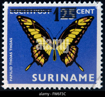 SURINAME - CIRCA 1980: Eine Briefmarke gedruckt in Surinam zeigt einen Schmetterling, Papilio Thoas Thoas, ca. 1980 Stockfoto