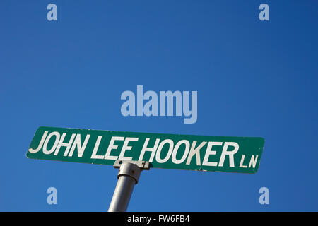 Straßenschild für John Lee Hooker Lane in Clarksdale, Mississippi, Vereinigte Staaten Stockfoto