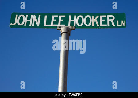 Straßenschild für John Lee Hooker Lane in Clarksdale, Mississippi, Vereinigte Staaten Stockfoto