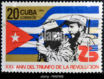 Kuba - CIRCA 1984: A Briefmarke gewidmet zum 25. Jahrestag des Sieges der kubanischen Revolution zeigt Fidel Castro Stockfoto