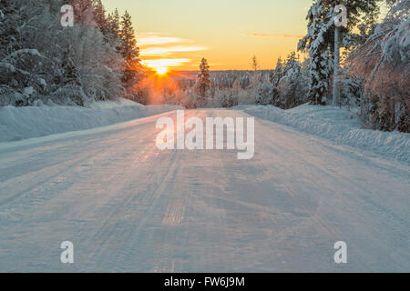 Winter-Straße durch einen Wald in direktem Licht bei Sonnenuntergang, mit viel Schnee auf den Bäumen, Gällivare, schwedische Lappland, Schweden Stockfoto
