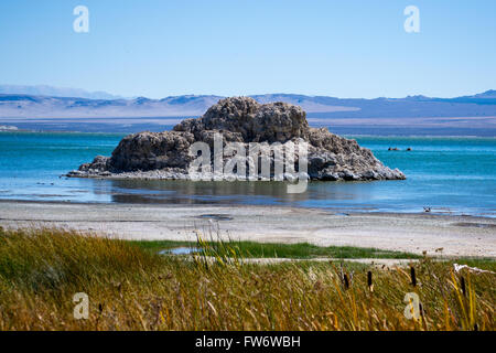 Mono Lake, einen großen flachen Salzsee mit Kalkstein-Formationen an einem Herbsttag am Fuße der Sierra Nevada Stockfoto