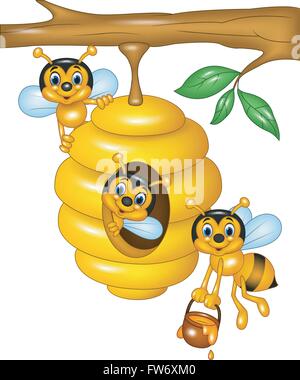Illustration der Ast eines Baumes mit einem Bienenstock und Bienen Stock Vektor