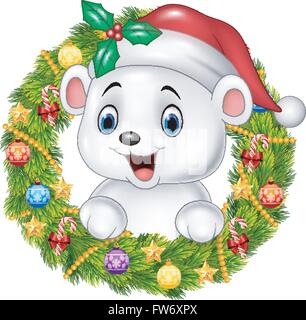 Niedliche Baby Eisbär hält Weihnachtskranz mit Bändern, Bällen und Bogen Stock Vektor