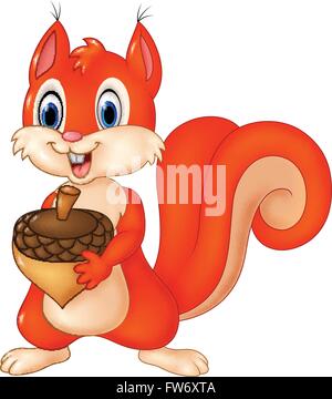Karikatur lustige Eichhörnchen hält Eichel isoliert auf weißem Hintergrund Stock Vektor