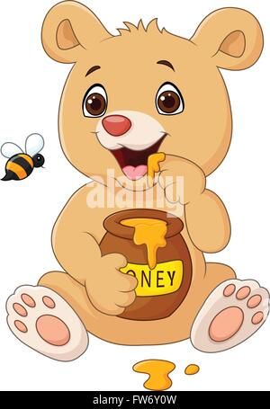 Cartoon-lustige Baby-Bären halten Honigtopf isoliert auf weißem Hintergrund Stock Vektor