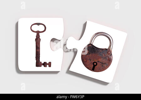 3D-Rendering von zwei dreidimensionale Teile des Puzzles mit rostigen Schloss und Schlüssel auf grauem Hintergrund. Von oben. Isoliert. Stockfoto
