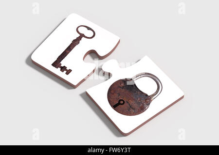 3D-Rendering von zwei dreidimensionale Teile des Puzzles mit rostigen Schloss und Schlüssel auf grauem Hintergrund. Von oben. Isoliert. Stockfoto