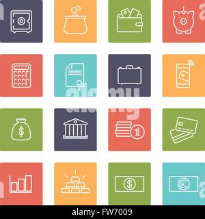 Geld und Finanzen im Zusammenhang mit Linie Symbole, farbige Quadrate negativ Stock Vektor