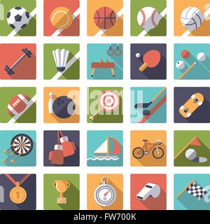 Sammlung von 25 flache Design Sport und Gymnastik-Vektor-Icons in quadratische Form mit abgerundeten Ecken Stock Vektor