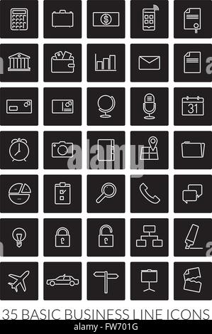Basisgeschäft Zeile Icons Set, in schwarze abgerundeten Quadrate negativ Stock Vektor