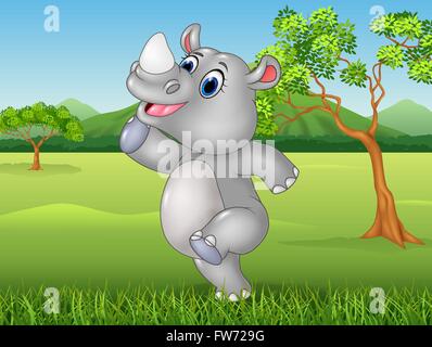 Karikatur lustige Rhino posiert im Dschungel Stock Vektor