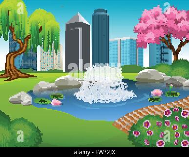 Schönen Teich Brunnen im Großstadt-Hintergrund Stock Vektor