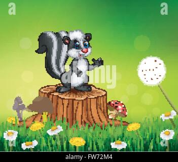 Karikatur lustige Stinktier auf Baumstumpf im Sommer Hintergrund Stock Vektor