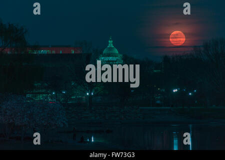 Der Vollmond steigt über das United States Capitol Building Stockfoto