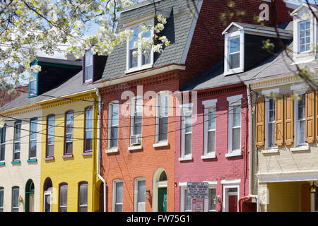 Bunte Ziegel Reihe Häuser, Lancaster, Pennsylvania, USA. Stockfoto