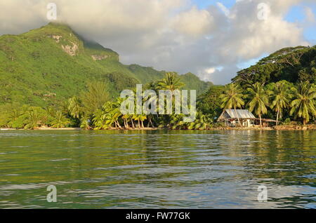 Küstenlandschaft der Insel Huahine mit einem kleinen Haus auf dem Ufer, Pazifik, Französisch-Polynesien Stockfoto