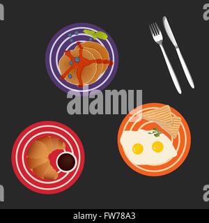 Teller mit Rührei, Pfannkuchen und Croissant auf dunklem Hintergrund isoliert. Kunst-Vektor-Illustration für Ihr design Stock Vektor