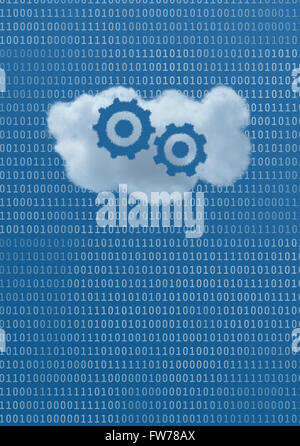 Zahnräder sind in einer Wolke inmitten eines blauen Himmels, gefüllt mit Binärdaten, die Idee des Cloud-Apps und Cloud-Services zu sehen. Stockfoto