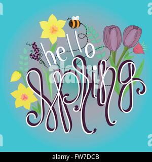 Feder-Muster mit Text Hallo Frühling Stock Vektor