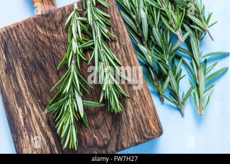 Frischer Rosmarin Kräuter auf blau lackierten Pastell Holztisch, lay-flat von oben Stockfoto