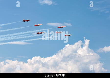 Patrouille Suisse, das Bildung Kunstflug Display Team der Schweizer Luftwaffe Northrop F-5E Tiger II Jet-Flugzeug zu fliegen. Stockfoto