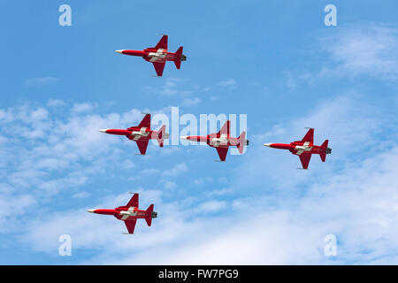 Patrouille Suisse, das Bildung Kunstflug Display Team der Schweizer Luftwaffe Northrop F-5E Tiger II Jet-Flugzeug zu fliegen. Stockfoto