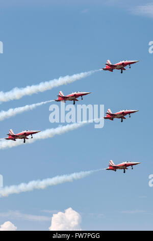 Patrouille Suisse, das Bildung Kunstflug Display Team der Schweizer Luftwaffe Northrop F-5E Tiger II Jet-Flugzeug zu fliegen. Stockfoto