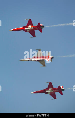 Patrouille Suisse, das Bildung Kunstflug Display Team der Schweizer Luftwaffe Northrop F-5E Tiger II Jet-Flugzeug zu fliegen. Stockfoto