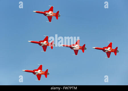 Patrouille Suisse, das Bildung Kunstflug Display Team der Schweizer Luftwaffe Northrop F-5E Tiger II Jet-Flugzeug zu fliegen. Stockfoto