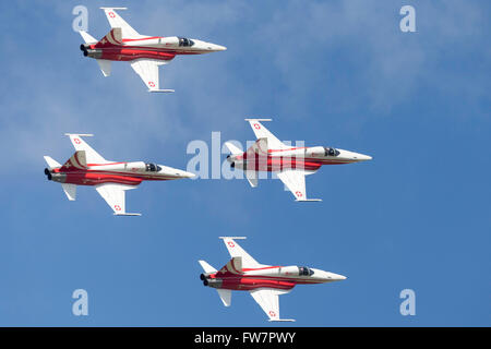 Patrouille Suisse, das Bildung Kunstflug Display Team der Schweizer Luftwaffe Northrop F-5E Tiger II Jet-Flugzeug zu fliegen. Stockfoto