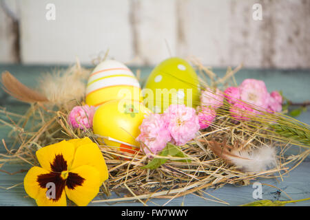 Ostern-Hintergrund mit Eiern und Blumen Stockfoto